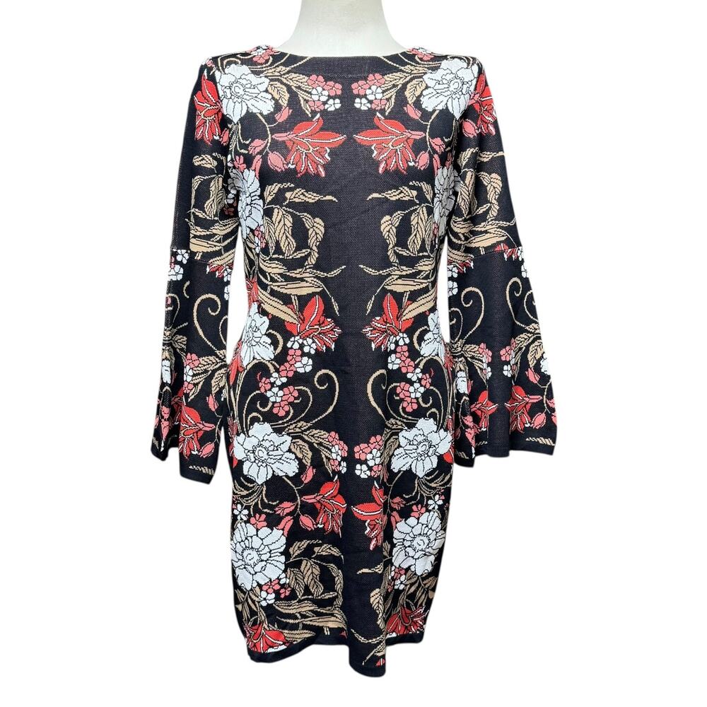 Boston Proper Mirrored Garden Print Intarsia Sweater Dress Brown Pink Medium - Picture 2 of 7